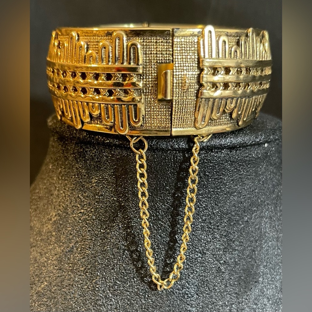 Hinged Gold Tone Bangle Bracelet with Raised Design - Picture 2 of 4